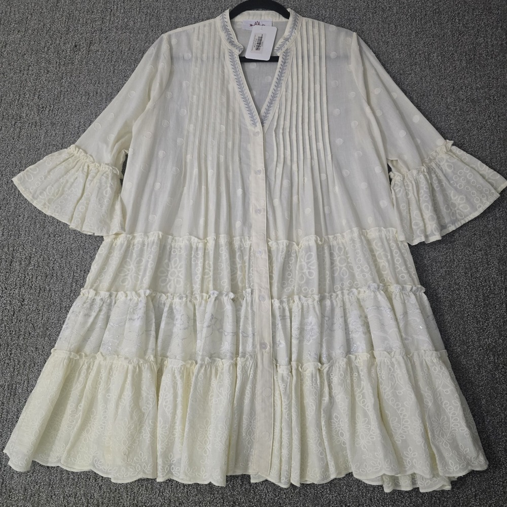Cotton Swiss Dot Tiered Prairie Tunic Dress‎ Embroidered Pintuck Cottagecore S